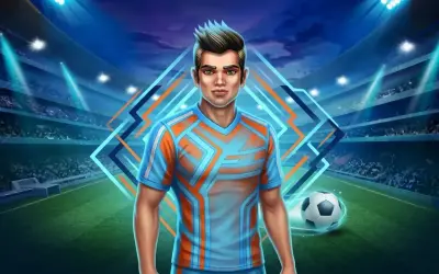 Jugador de fútbol con camiseta azul y naranja en un estadio iluminado, con un balón de fútbol en movimiento.
