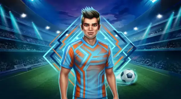 Jugador de fútbol con camiseta azul y naranja en un estadio iluminado, con un balón de fútbol en movimiento.